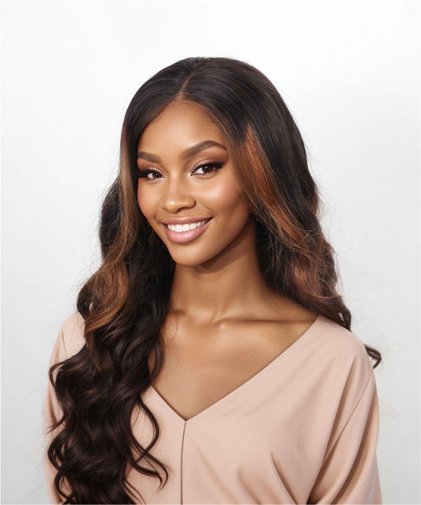 Premium Ombre Brun Balayage Highlights Cheveux Humains Body Wave HD Lace Front 13×4 Perruque