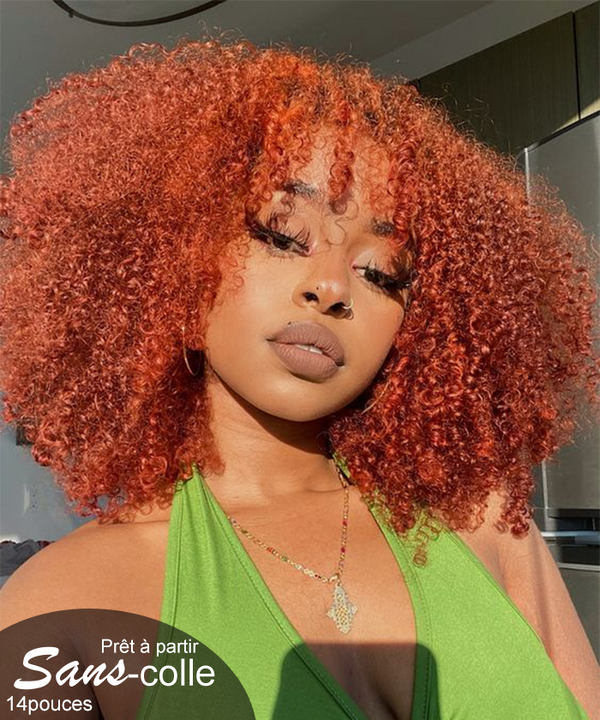 【Essentiel】Prêt-à-Partir Sans Colle Premium Gingembre Orange Virgins Cheveux Humains Afro Curly perruque Lace Libéré Perruque