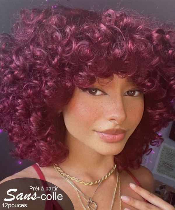 【Essentiel】Prêt-à-Partir Sans Colle Bordeaux Rouge Virgins Cheveux Vintage Bouclée perruque Lace Libéré Perruque
